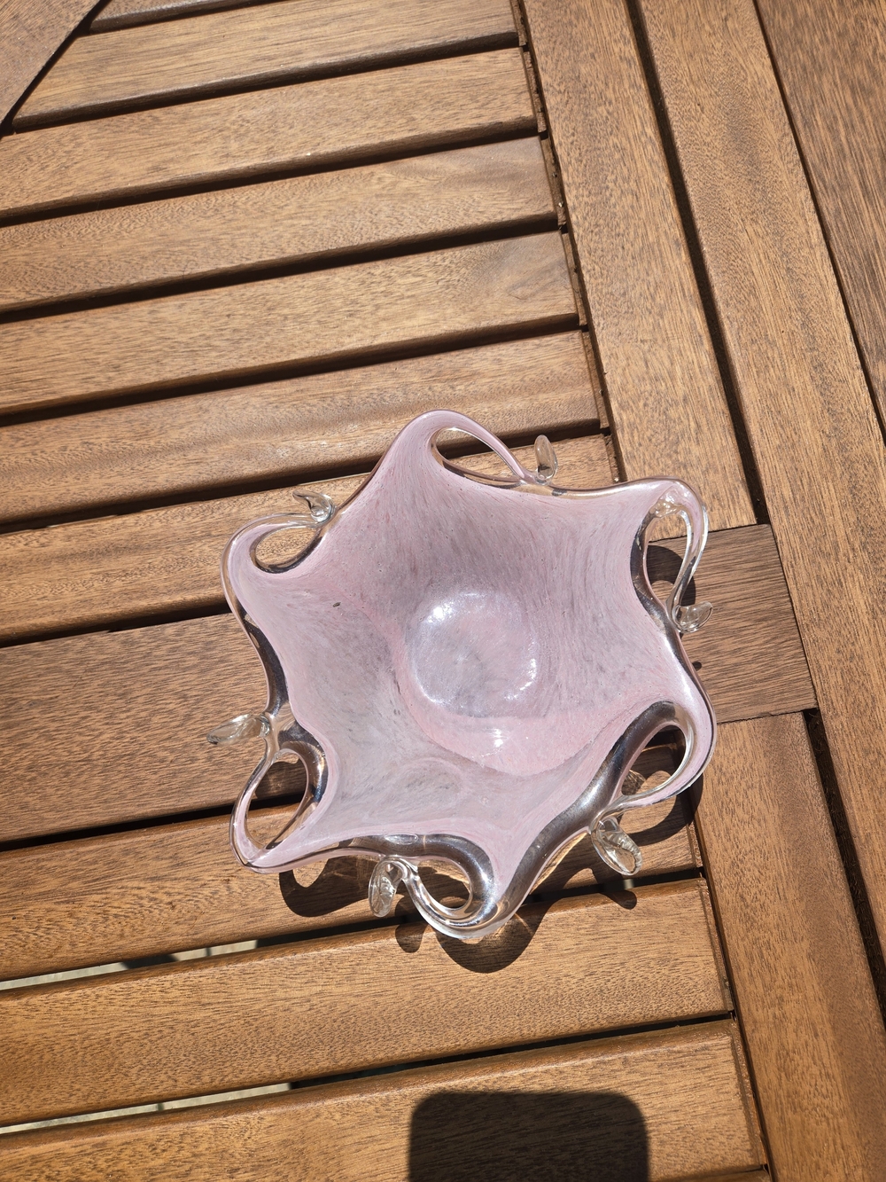 Handblown Pink Art Glass Bowl with Clear Ruffled Edges